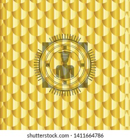 graduated icon inside gold badge or emblem. Scales pattern. Vector Illustration. Detailed.