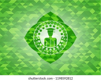 graduated icon inside green emblem with mosaic ecological style background