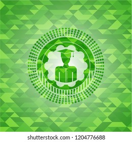 graduated icon inside green emblem with mosaic background
