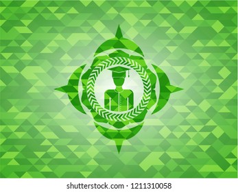 graduated icon inside green emblem with triangle mosaic background