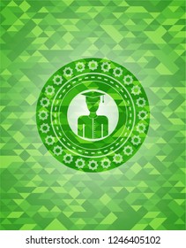 graduated icon inside green emblem. Mosaic background
