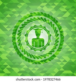 graduated icon inside green emblem with triangle mosaic background. 