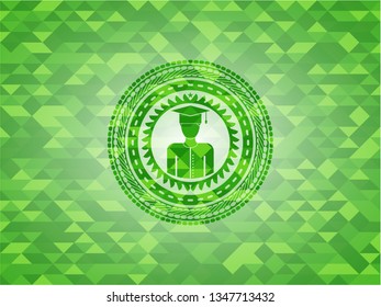 graduated icon inside green mosaic emblem