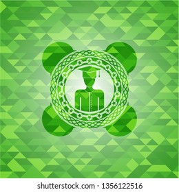 graduated icon inside green mosaic emblem