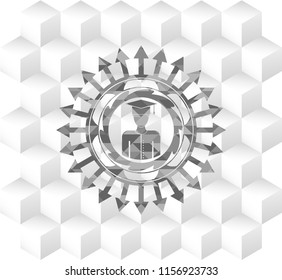 graduated icon inside grey badge with geometric cube white background