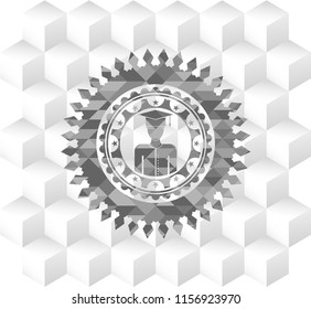 graduated icon inside grey badge with geometric cube white background