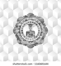 graduated icon inside grey badge with geometric cube white background