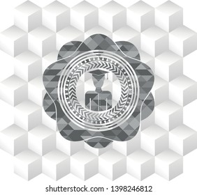 graduated icon inside grey badge with geometric cube white background