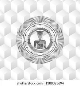 graduated icon inside grey emblem. Retro with geometric cube white background