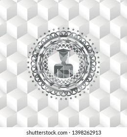 graduated icon inside grey emblem with geometric cube white background