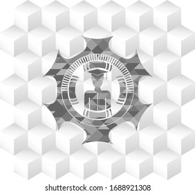 graduated icon inside grey emblem. Retro with geometric cube white background