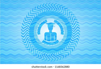 graduated icon inside light blue water wave emblem.