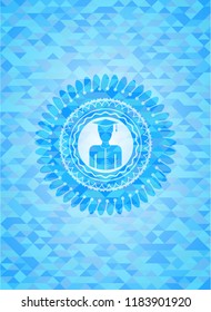 graduated icon inside light blue emblem with mosaic background