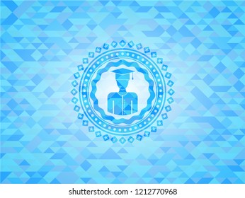 graduated icon inside light blue emblem. Mosaic background