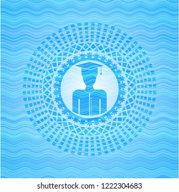 graduated icon inside light blue water wave style emblem.