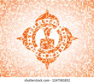 graduated icon inside orange tile background illustration. Square geometric mosaic seamless pattern with emblem inside.