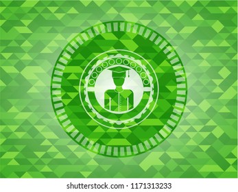 graduated icon inside realistic green emblem. Mosaic background