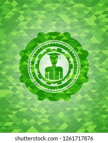 graduated icon inside realistic green emblem. Mosaic background