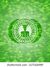 graduated icon inside realistic green mosaic emblem. 
