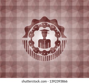 graduated icon inside red emblem or badge with abstract geometric pattern background. Seamless.