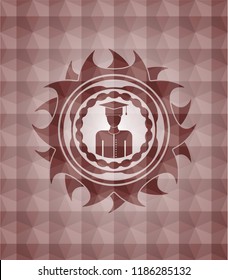 graduated icon inside red seamless badge with geometric pattern.