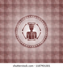 graduated icon inside red seamless emblem or badge with geometric pattern background.
