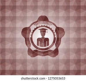 graduated icon inside red seamless geometric pattern emblem. Seamless.