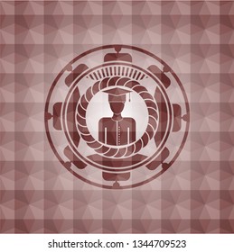 graduated icon inside red seamless emblem or badge with abstract geometric pattern background.