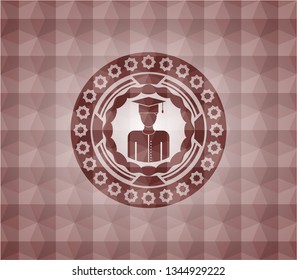 graduated icon inside red seamless geometric emblem.