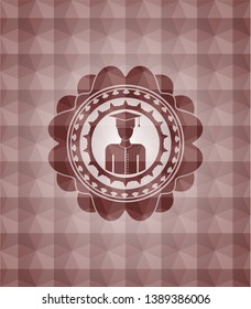 graduated icon inside red seamless emblem with geometric pattern background.