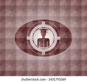 graduated icon inside red seamless badge with geometric pattern background.