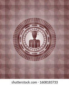 graduated icon inside red seamless geometric pattern emblem. Seamless.