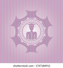 graduated icon inside retro pink emblem. Flat design. 