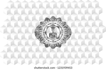 graduated icon inside retro style grey emblem with geometric cube white background