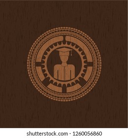 graduated icon inside retro style wooden emblem