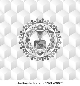 graduated icon inside retro style grey emblem with geometric cube white background
