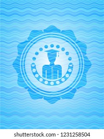 graduated icon inside sky blue water emblem background.