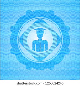 graduated icon inside sky blue water style emblem.