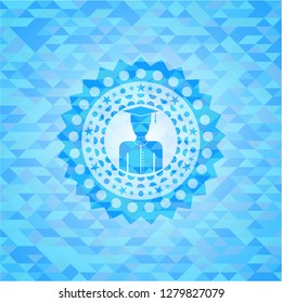 graduated icon inside sky blue emblem with mosaic background