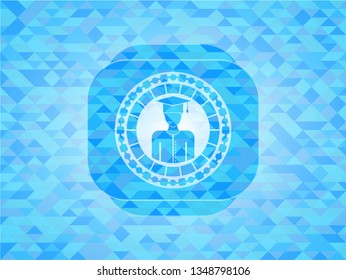 graduated icon inside sky blue emblem with triangle mosaic background