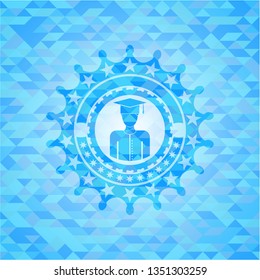 graduated icon inside sky blue emblem with mosaic ecological style background
