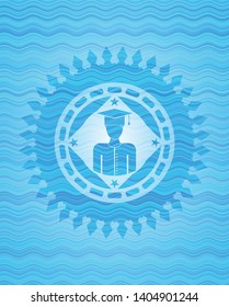 graduated icon inside sky blue water wave emblem.