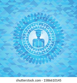 graduated icon inside sky blue emblem with triangle mosaic background