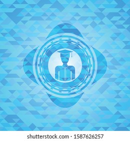 graduated icon inside sky blue emblem with mosaic ecological style background
