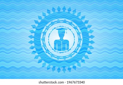 graduated icon inside water wave emblem. 