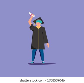 Graduated man in academic dress and square cap jumping for joy.  Celebration of Graduation day Students in college and university. Flat Art Vector Illustration