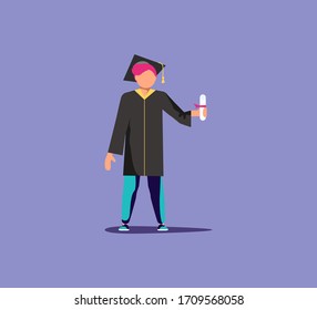 Graduated man in academic dress and square cap jumping for joy.  Celebration of Graduation day Students in college and university. Flat Art Vector Illustration