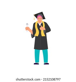 Graduated man in academic dress and square cap jumping for joy. Celebration of Graduation day Students in college and university. Flat Art Vector Illustration