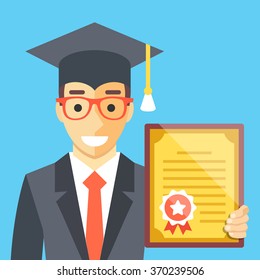 Graduated man with diploma in his hand. Flat illustration. Graduation, web courses completion, tutorials. Modern flat design concepts for web banners, websites, printed materials. Vector illustration