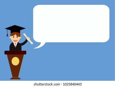 Graduated man on podium with white speech bubble box and light blue background.